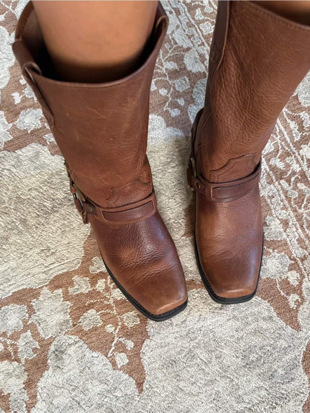 Brown Square toe leather harness boots sz 9.5